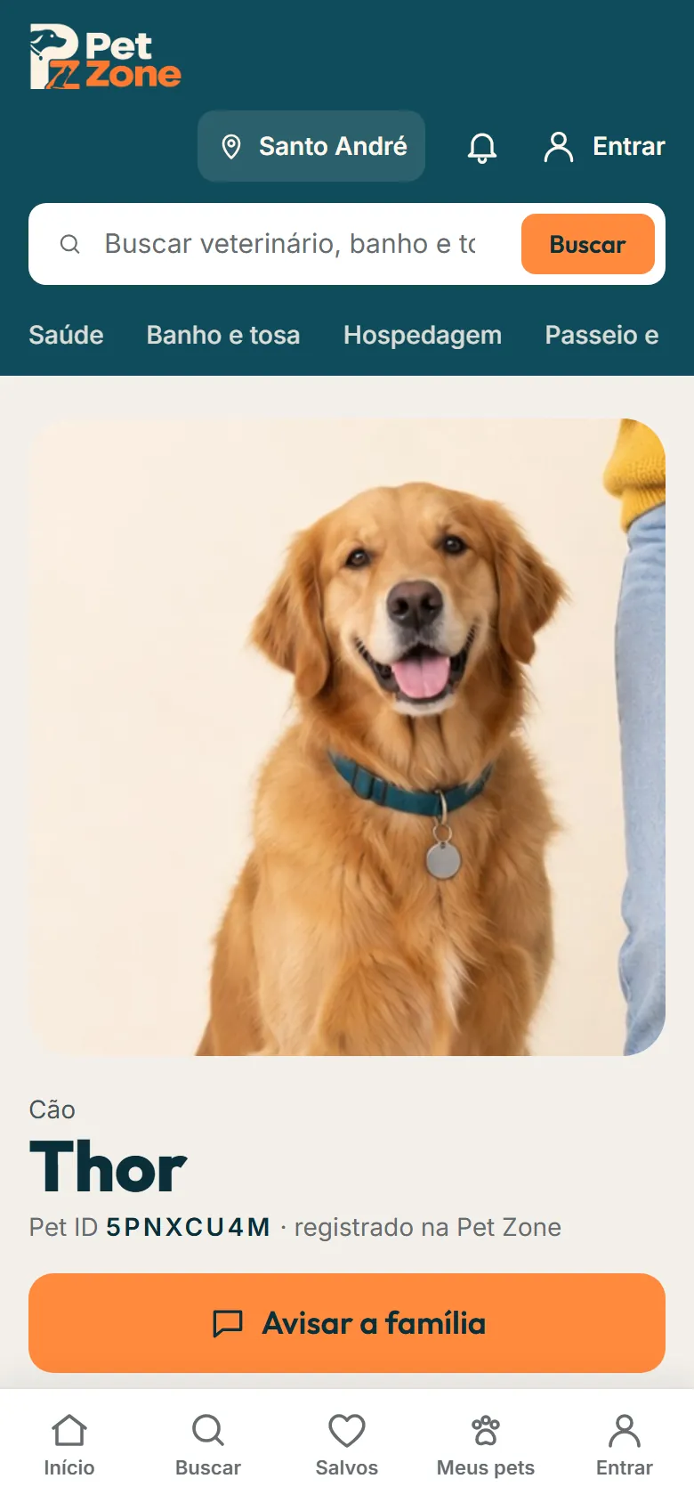 Página pública do Pet ID com a foto, o recado da família e o botão Avisar a família