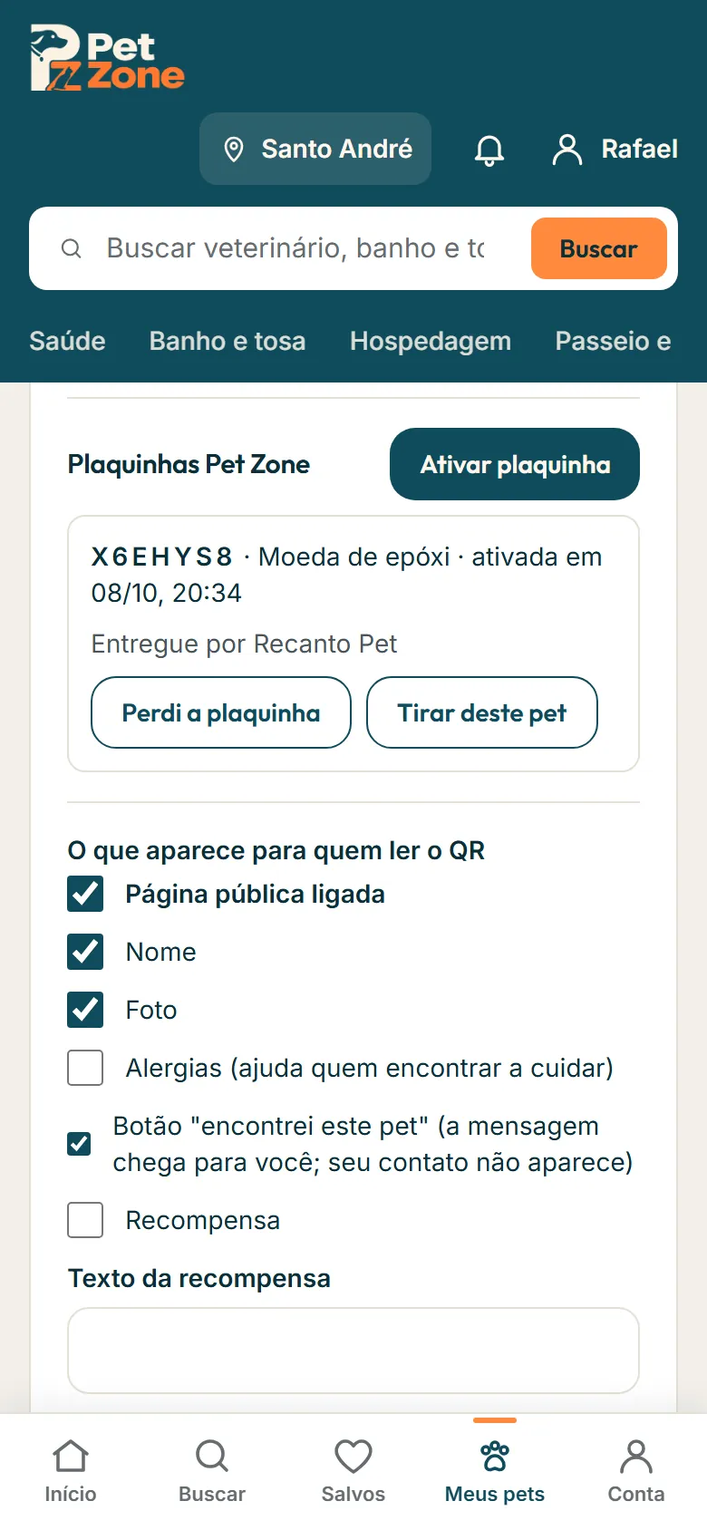 Plaquinhas Pet Zone na aba Pet ID
