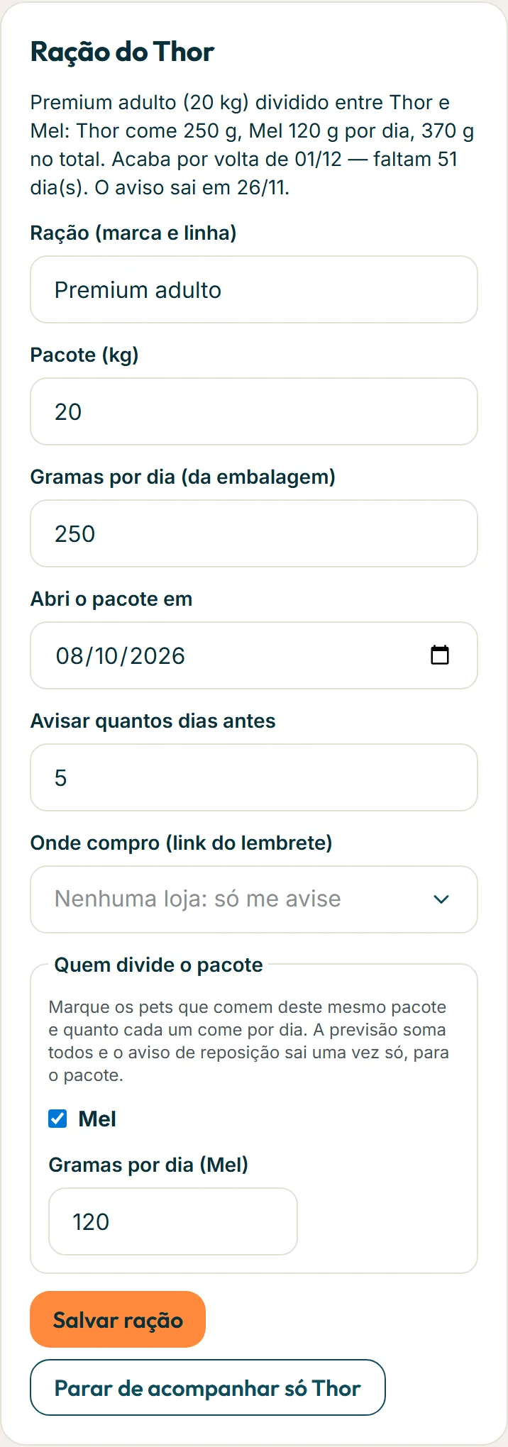 Ração do Thor dividida com a Mel, com as gramas de cada um e a previsão do pacote