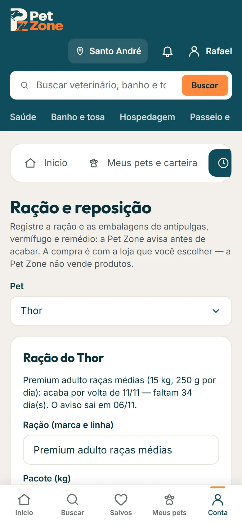 Tela Ração e reposição com a previsão de término e a data do aviso