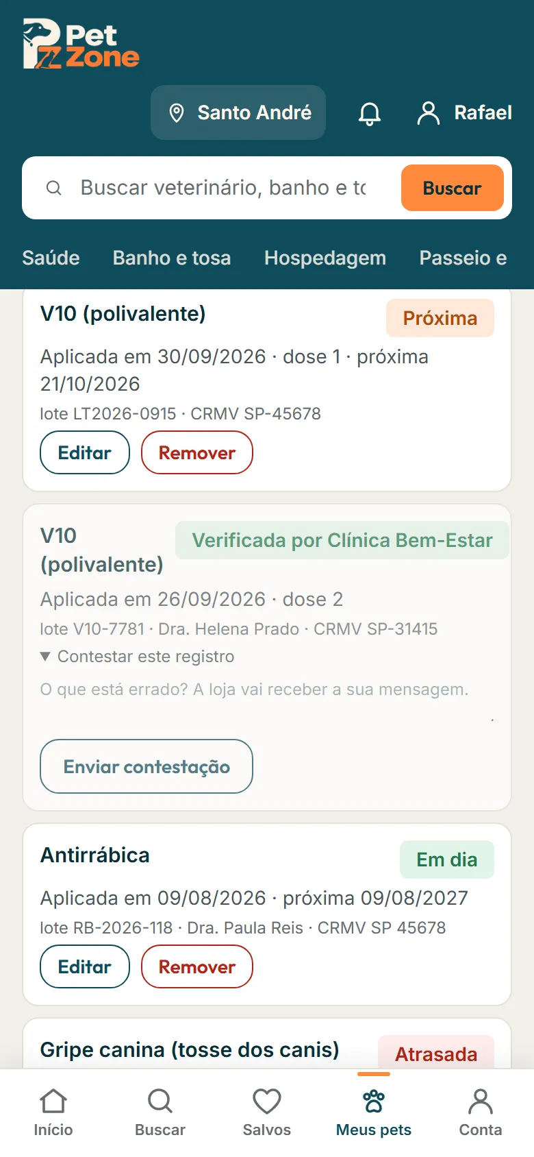 Vacina com o selo Verificada por e a área Contestar este registro aberta