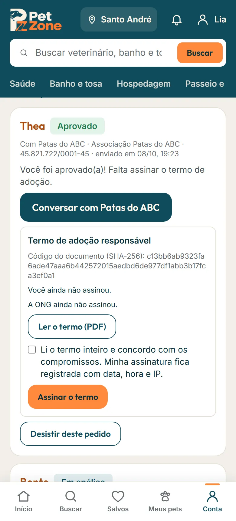 Termo de adoção responsável com o botão Ler o termo e a confirmação antes de assinar