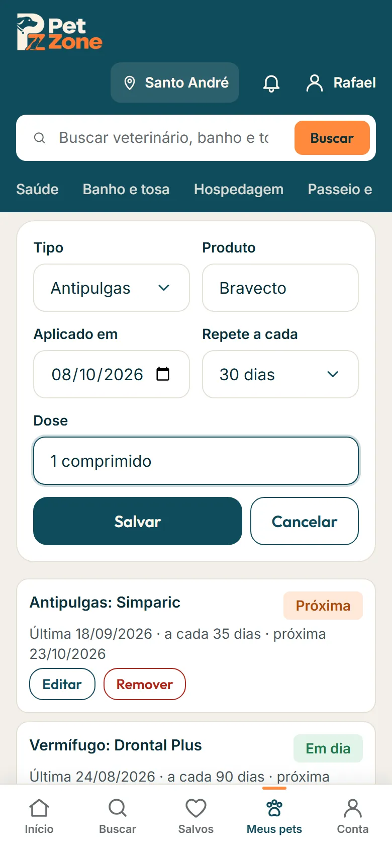 Formulário de vermífugo com o produto, a data e o campo Repete a cada