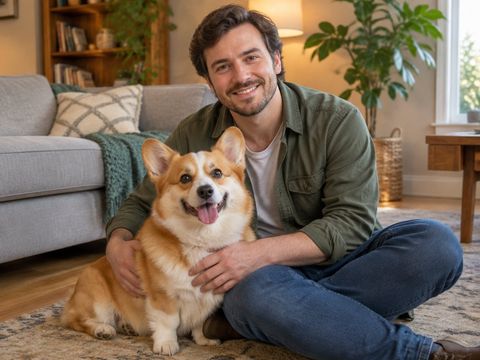 Cuidador sentado no chão da sala abraçando um corgi