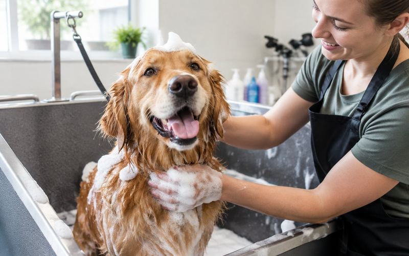 Profissional de banho e tosa dando banho em um golden retriever, que sorri com a língua para fora